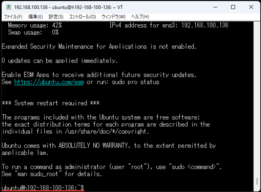 SSH接続後のターミナル画面(ubuntuプロンプト)