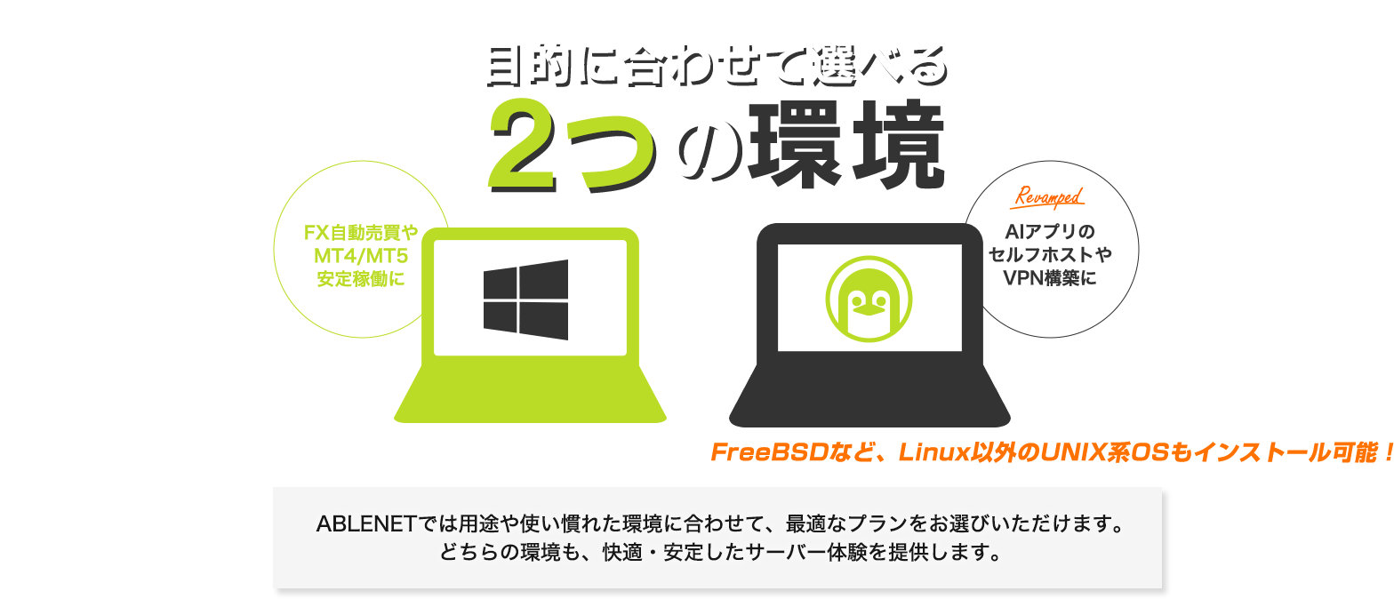 目的に合わせて選べる2つの環境|Windows:FX自動売買やMT4/MT5安定稼働に|Linux:Revamped AIアプリのセルフホストやVPN構築に!FreeBSDなど、Linux以外のUNIX系OSもインストール可能!|ABLENETでは用途や使い慣れた環境に合わせて、最適なプランをお選びいただけます。どちらの環境も、快適・安定したサーバー体験を提供します。