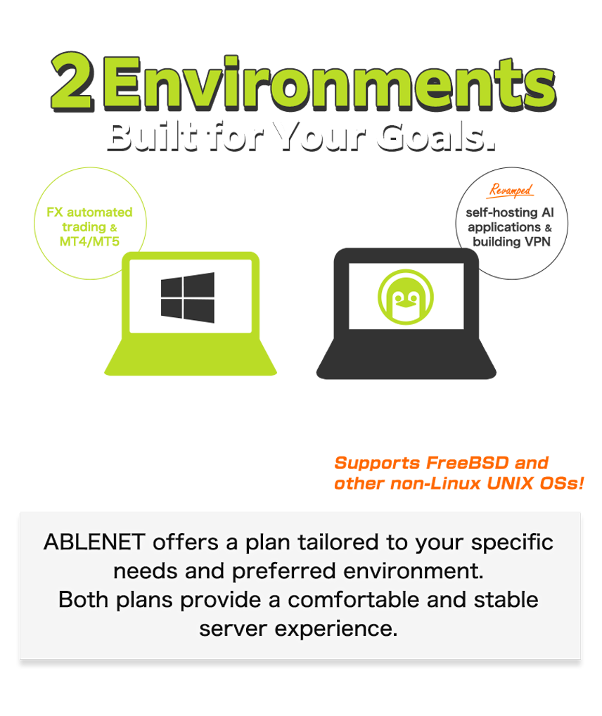 2Environments Built for Your Goals.Windows:FX automated trading&MT4/MT5|Linux:Revamped!self-hosting AI applications & building VPN!Supports FreeBSD and other non-Linux UNIX OSs!|ABLENET offers a plan tailored to your specific needs and preferred environment.Both plans provide a comfortable and stable server experience.