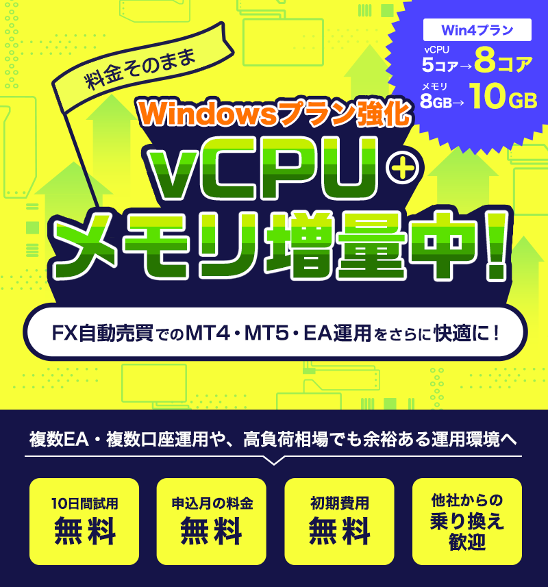 Windowsプラン強化|料金そのままでvCPU+メモリ増量中!FX自動売買でのMT4・MT5・EA運用をさらに快適に!Win4プランvCPU5コアが8コア、メモリ8GBが10GBに!複数EA・複数口座運用や、高負荷相場でも余裕ある運用環境へ|10日間試用無料・申込月の料金無料・初期費用無料・他社からの乗り換え歓迎