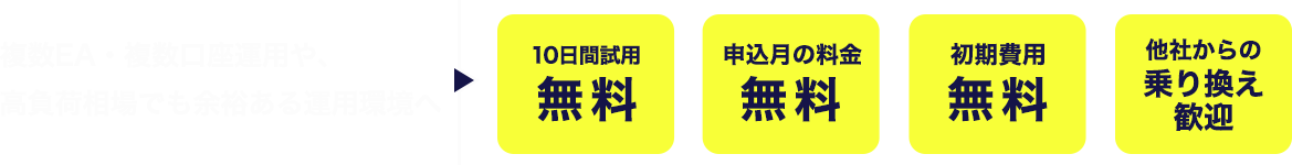 複数EA・複数口座運用や、高負荷相場でも余裕ある運用環境へ|10日間試用無料・申込月の料金無料・初期費用無料・他社からの乗り換え歓迎